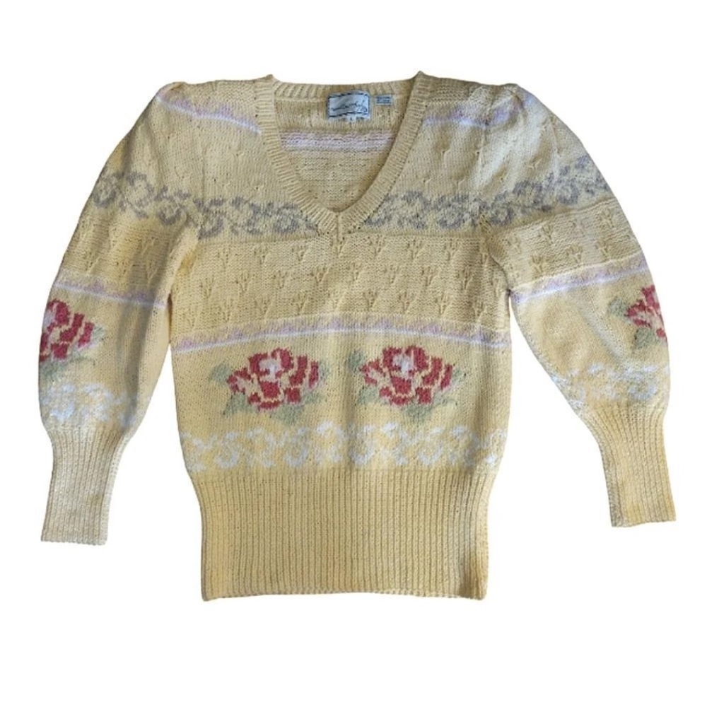 VTG 70s Yellow Pink Floral Cable Knit Vneck Sweater Large *Fits like Small - Picture 8 of 16